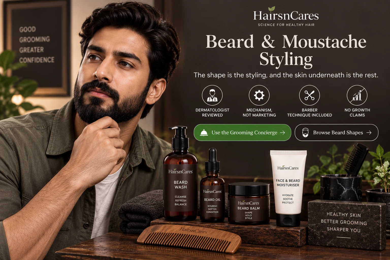 Beard and moustache grooming products arranged as an editorial still life on dark walnut