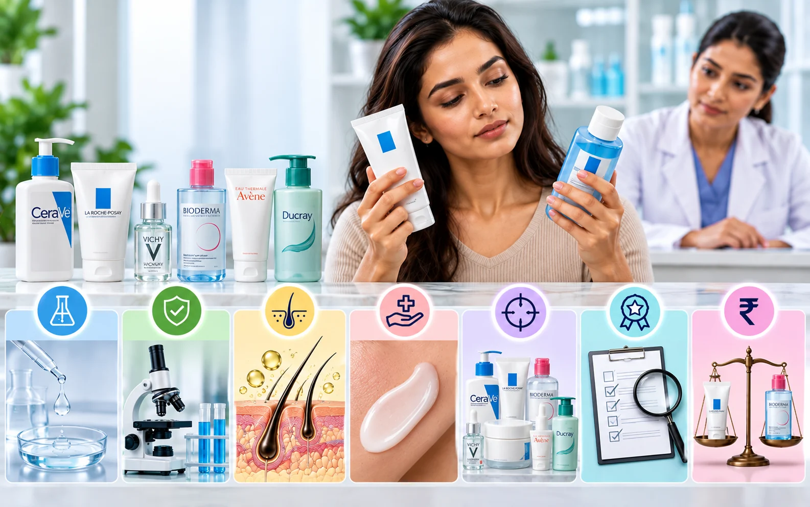 Dermatology brand comparison infographic featuring Galderma and seven evaluation factors, including ingredients, clinical evidence, skin suitability, safety, product range, credibility and value for money.