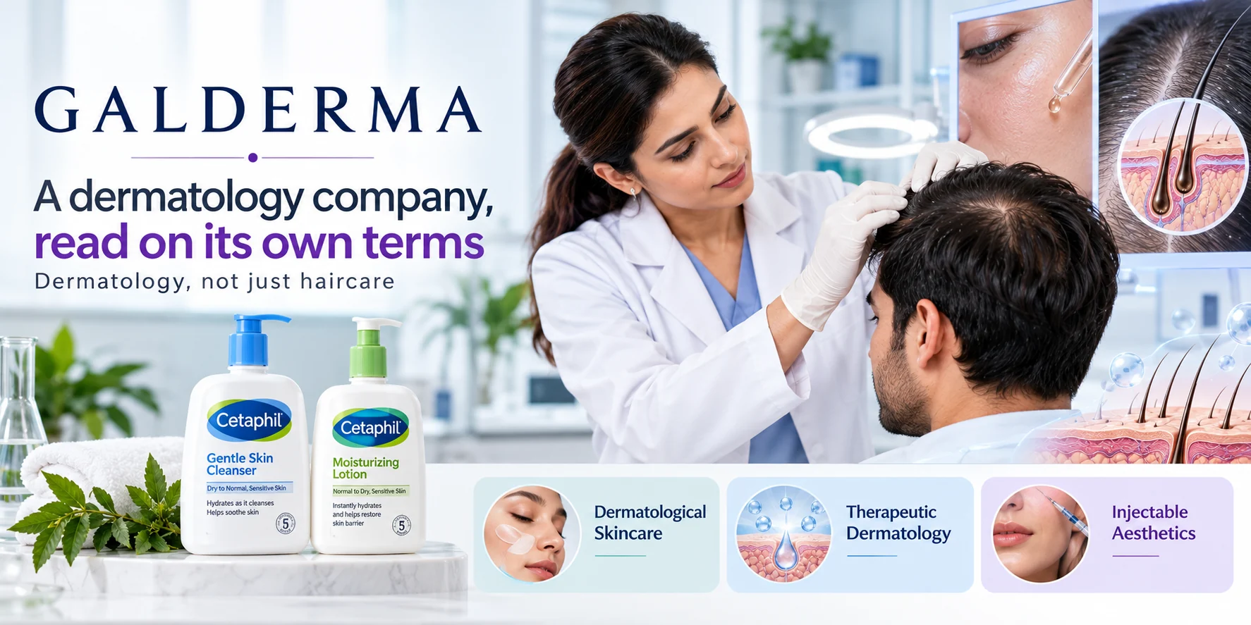Galderma dermatology company overview showing a dermatologist examining a man's scalp, Cetaphil skincare products and illustrations of skin and hair follicles.