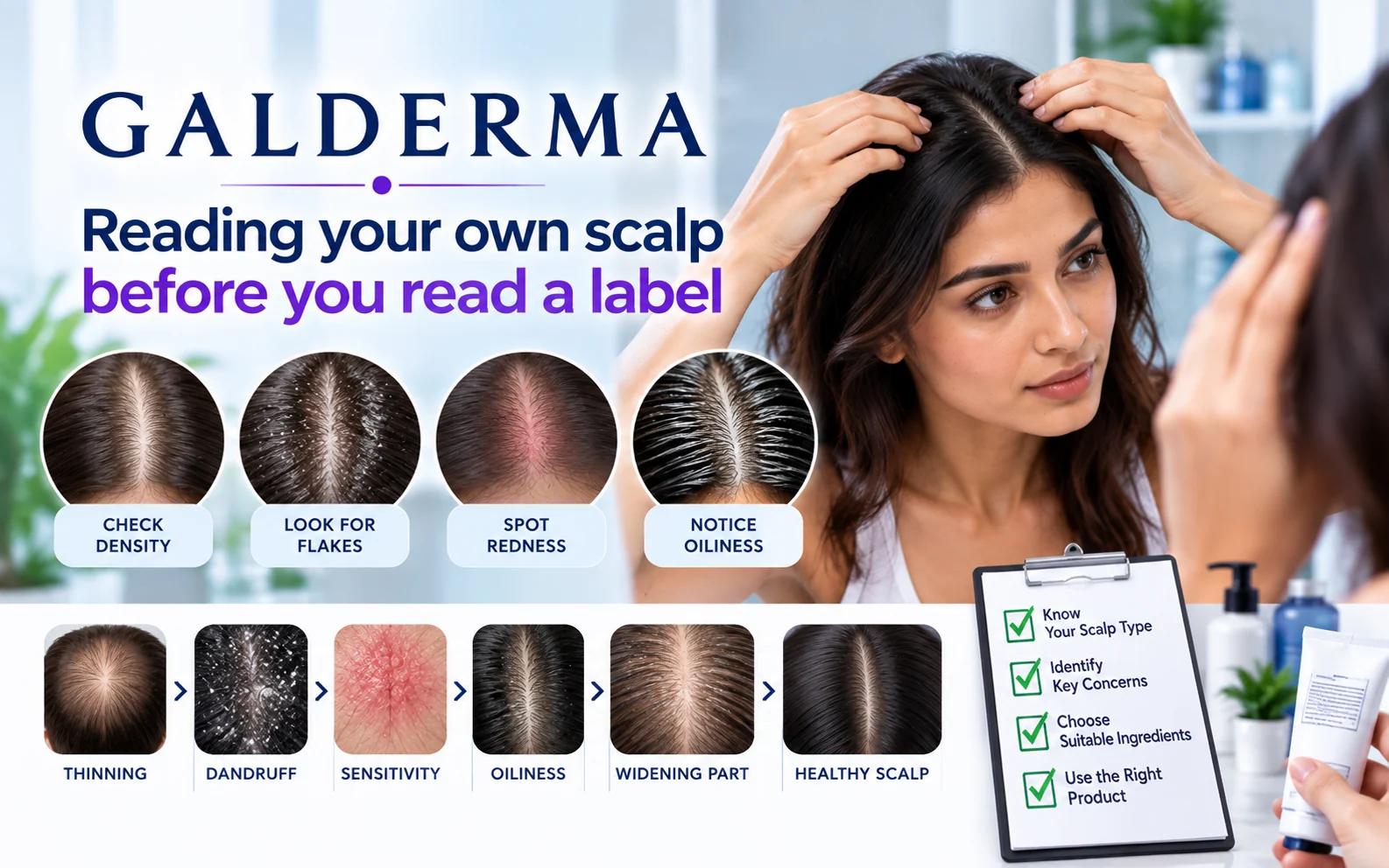Galderma scalp self-assessment infographic showing a woman checking her scalp for thinning hair, dandruff, redness, oiliness and widening hair part before choosing haircare products.