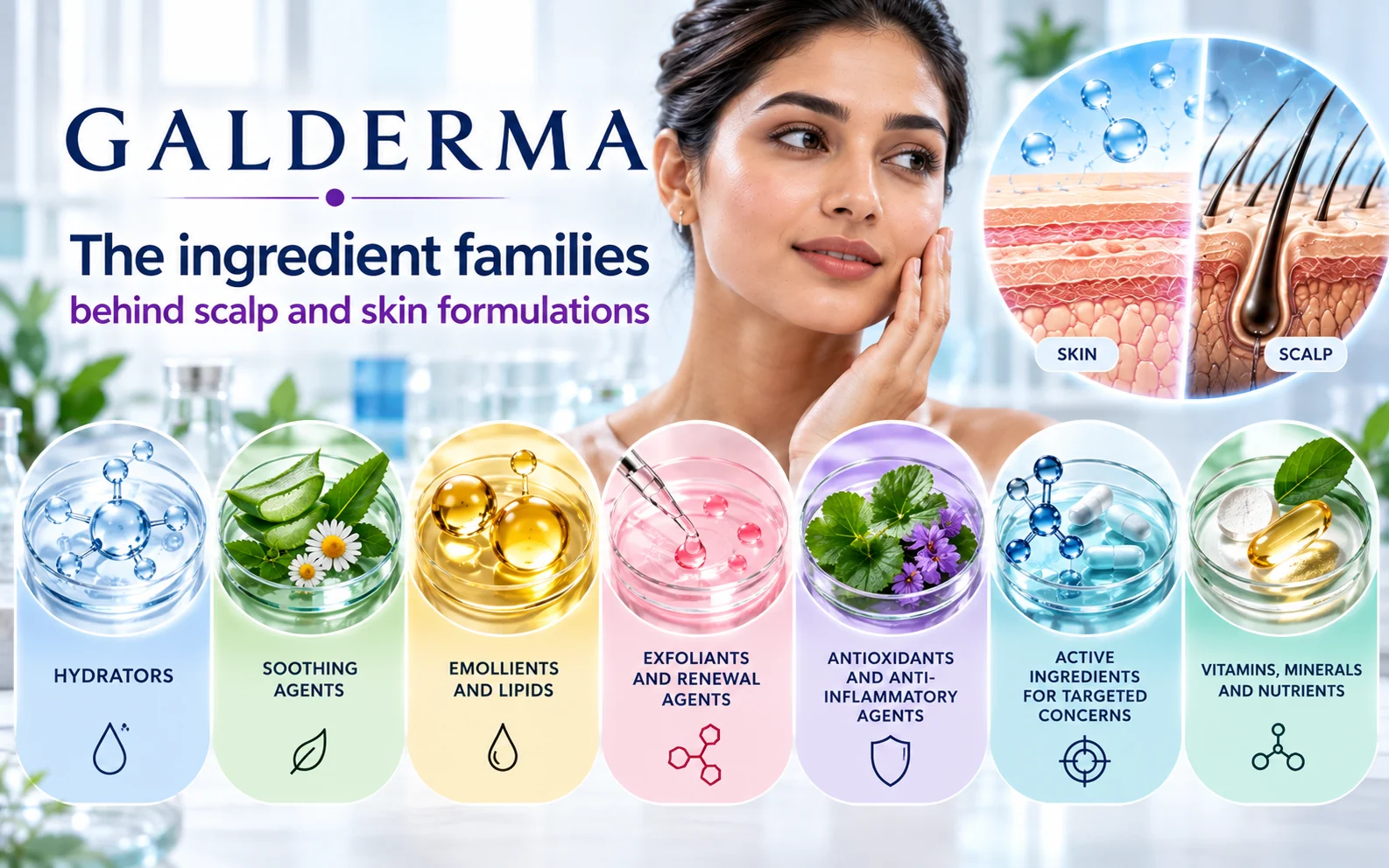 Galderma scalp and skin ingredient families infographic showing hydrators, soothing agents, emollients, exfoliants, antioxidants, targeted active ingredients, vitamins and minerals.