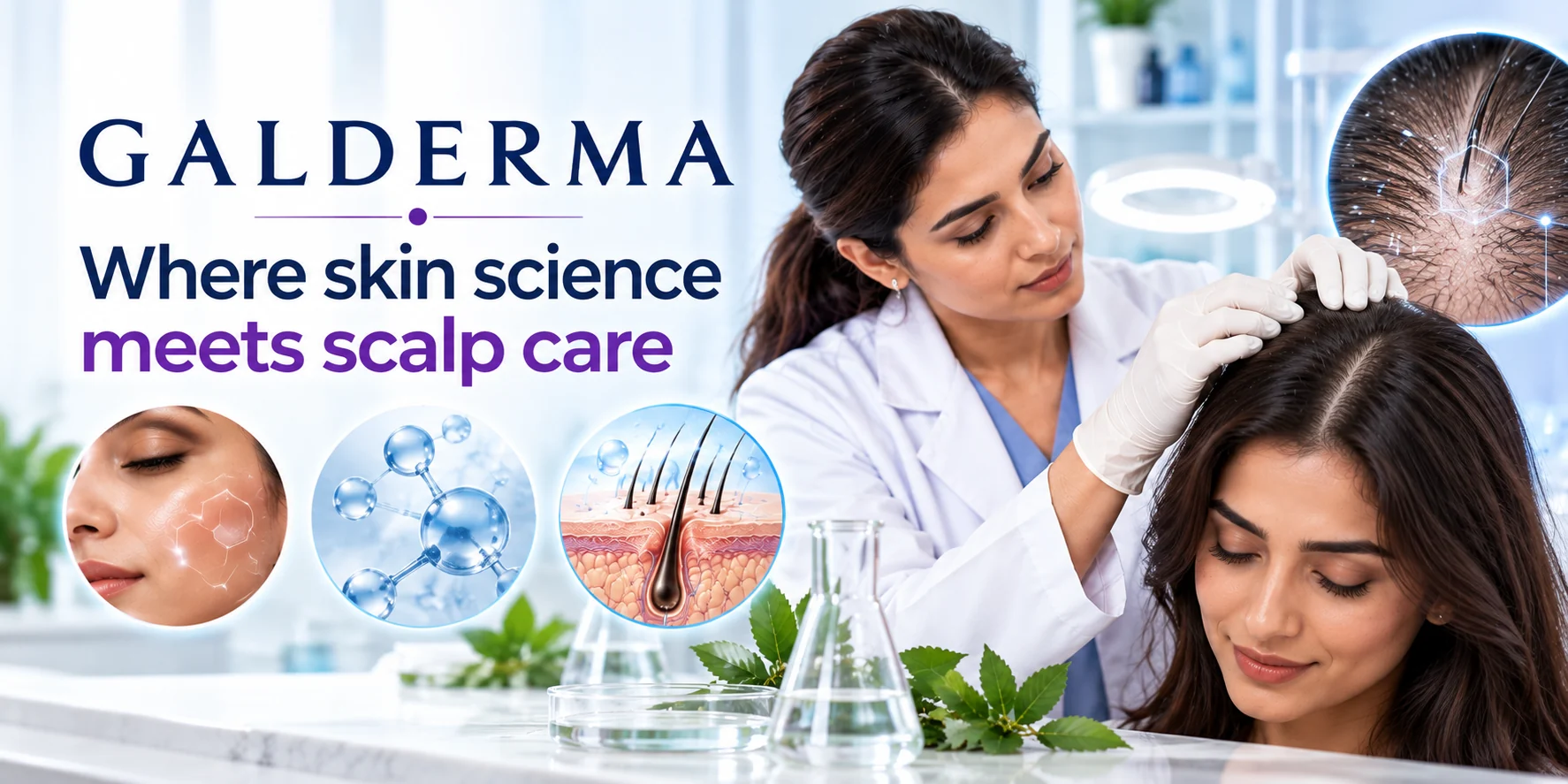 Galderma skin science and scalp care illustration showing a dermatologist examining a woman's scalp with hair follicle diagrams and scientific skincare visuals.