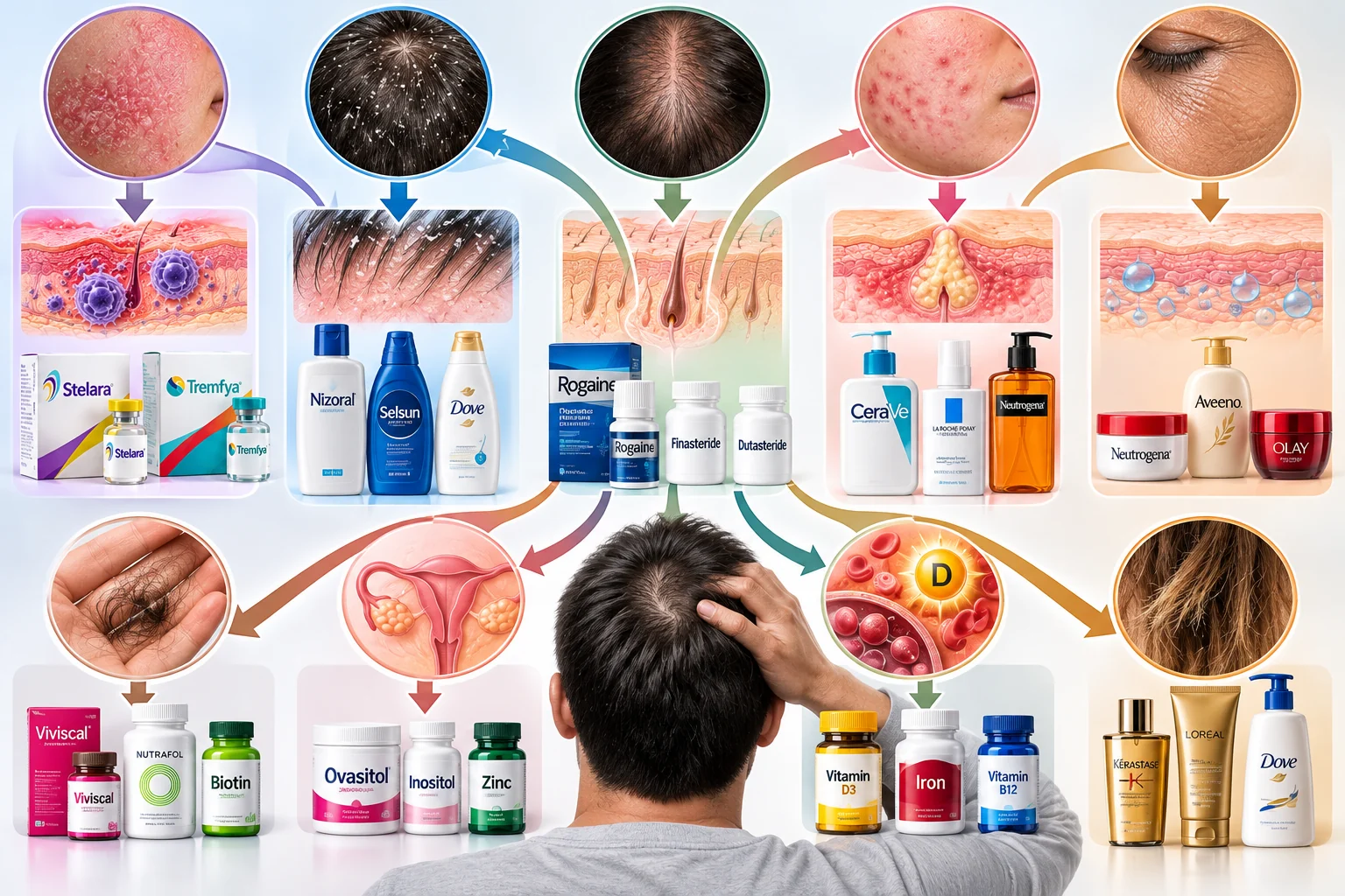 Hair and skin concern relevance map showing psoriasis, dandruff, hair thinning, acne, aging skin, hormonal hair loss, nutrient deficiencies and damaged hair with labelled treatment products.