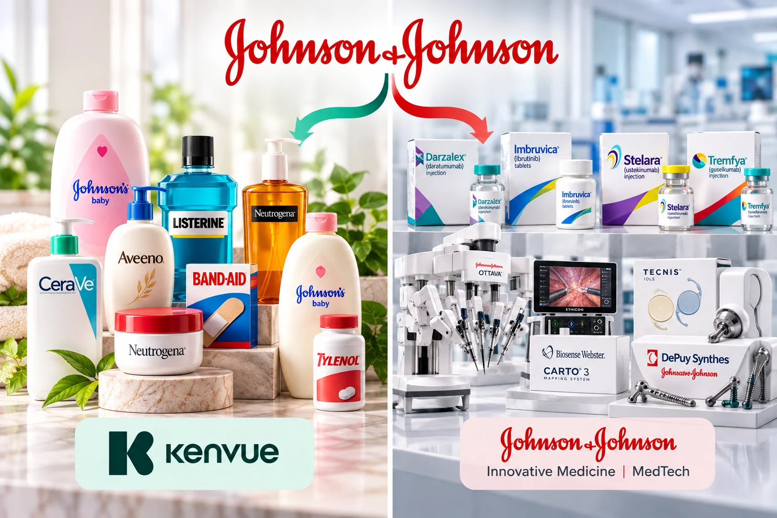 Johnson & Johnson and Kenvue company separation showing labelled consumer products including Johnson's Baby, Neutrogena, Aveeno, Listerine, Band-Aid and Tylenol alongside J&J pharmaceutical products and MedTech devices.