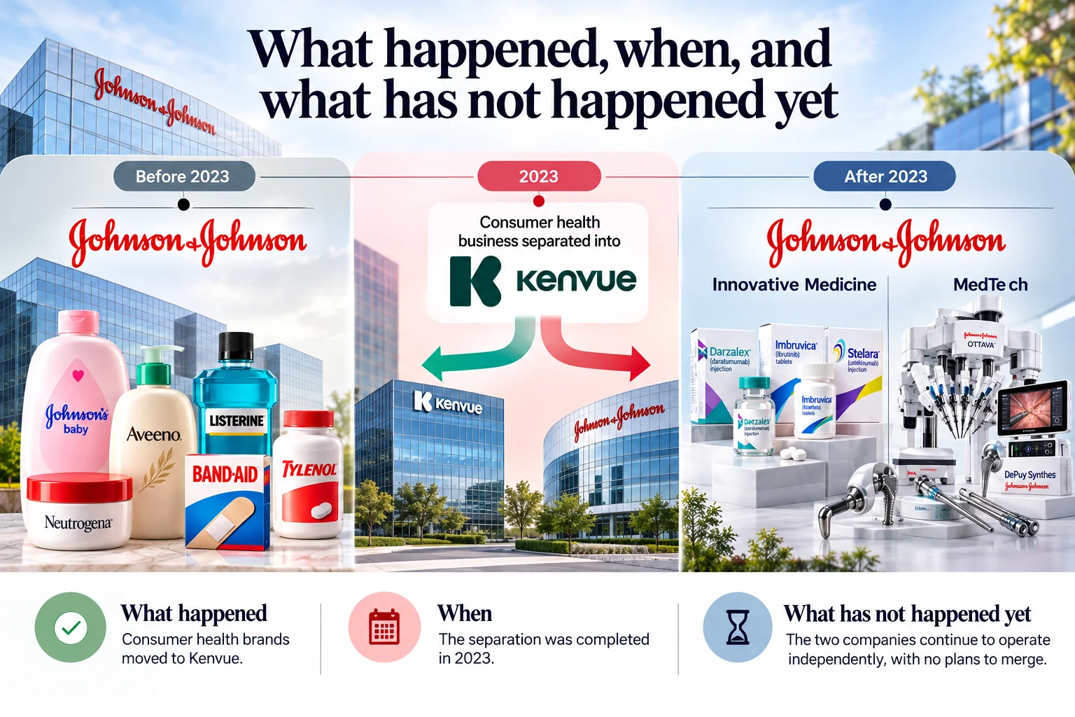 Johnson & Johnson and Kenvue company separation timeline showing consumer healthcare brands moving to Kenvue in 2023, while Johnson & Johnson continues with Innovative Medicine and MedTech.