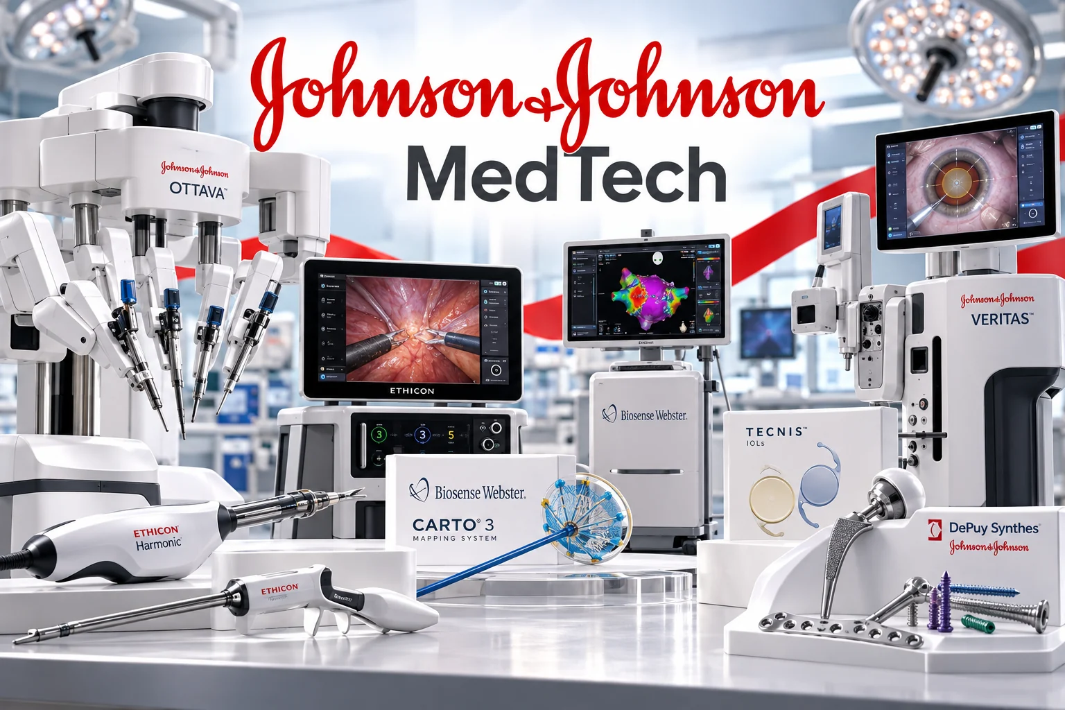 Johnson & Johnson MedTech medical devices featuring labelled OTTAVA surgical robotics, ETHICON surgical instruments, CARTO 3 mapping system, TECNIS intraocular lenses and DePuy Synthes orthopedic implants.