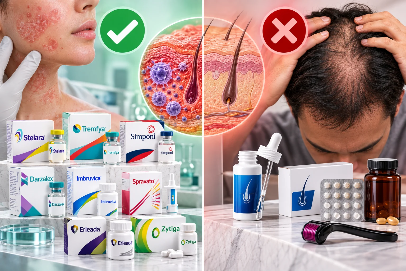Johnson & Johnson immunology treatments for inflammatory skin diseases compared with hair-loss products, showing labelled Stelara and Tremfya medicines, skin inflammation and scalp thinning.