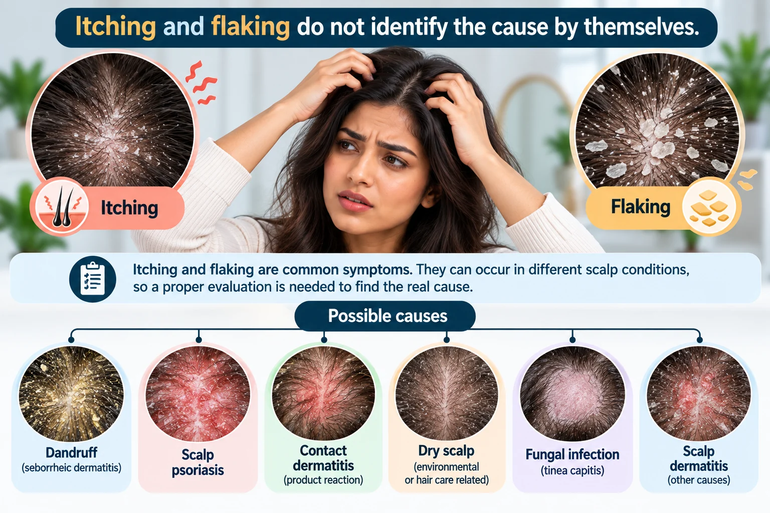Woman experiencing scalp itching and flaking with close-up illustrations of dandruff, scalp psoriasis, contact dermatitis, dry scalp, fungal infection and other scalp conditions.