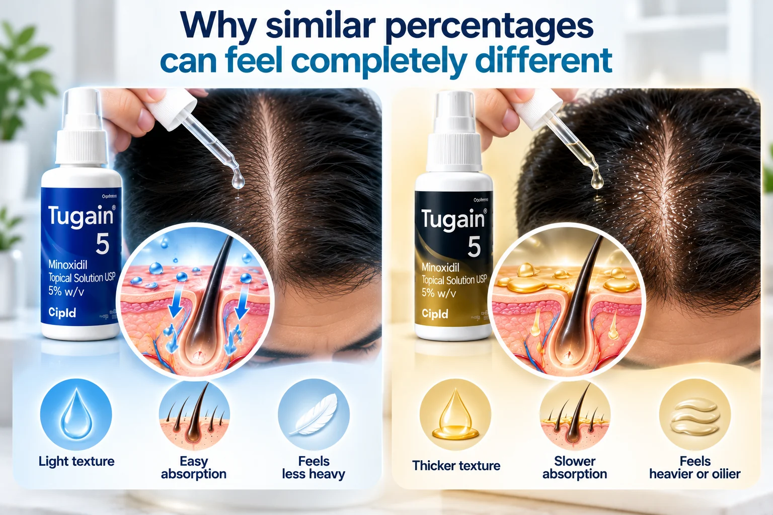 Comparison of two topical minoxidil formulations with the same concentration, showing differences in liquid texture, scalp application, drying time and potential irritation.