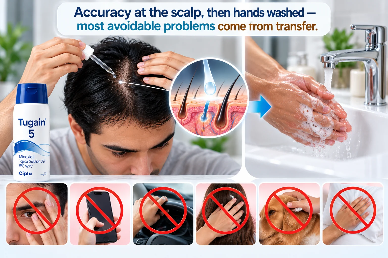 Man applying Tugain 5% topical minoxidil directly to the scalp, followed by washing hands with soap and water to prevent accidental medicine transfer.