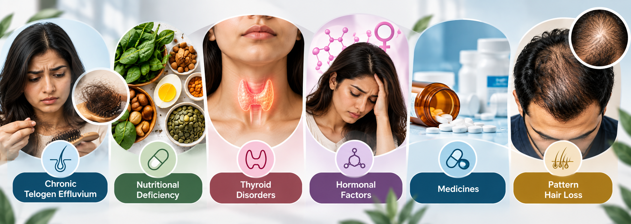 Common causes of hair loss including chronic telogen effluvium, nutritional deficiency, thyroid, hormonal factors, medicines and pattern hair loss