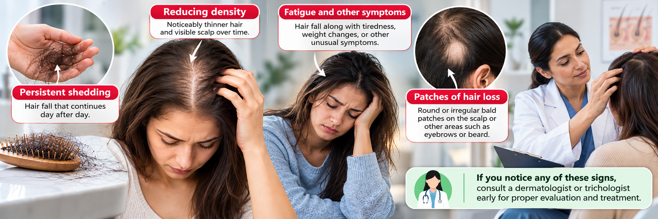 Chronic hair fall red-flag symptoms including persistent shedding, reducing hair density, fatigue and bald patches