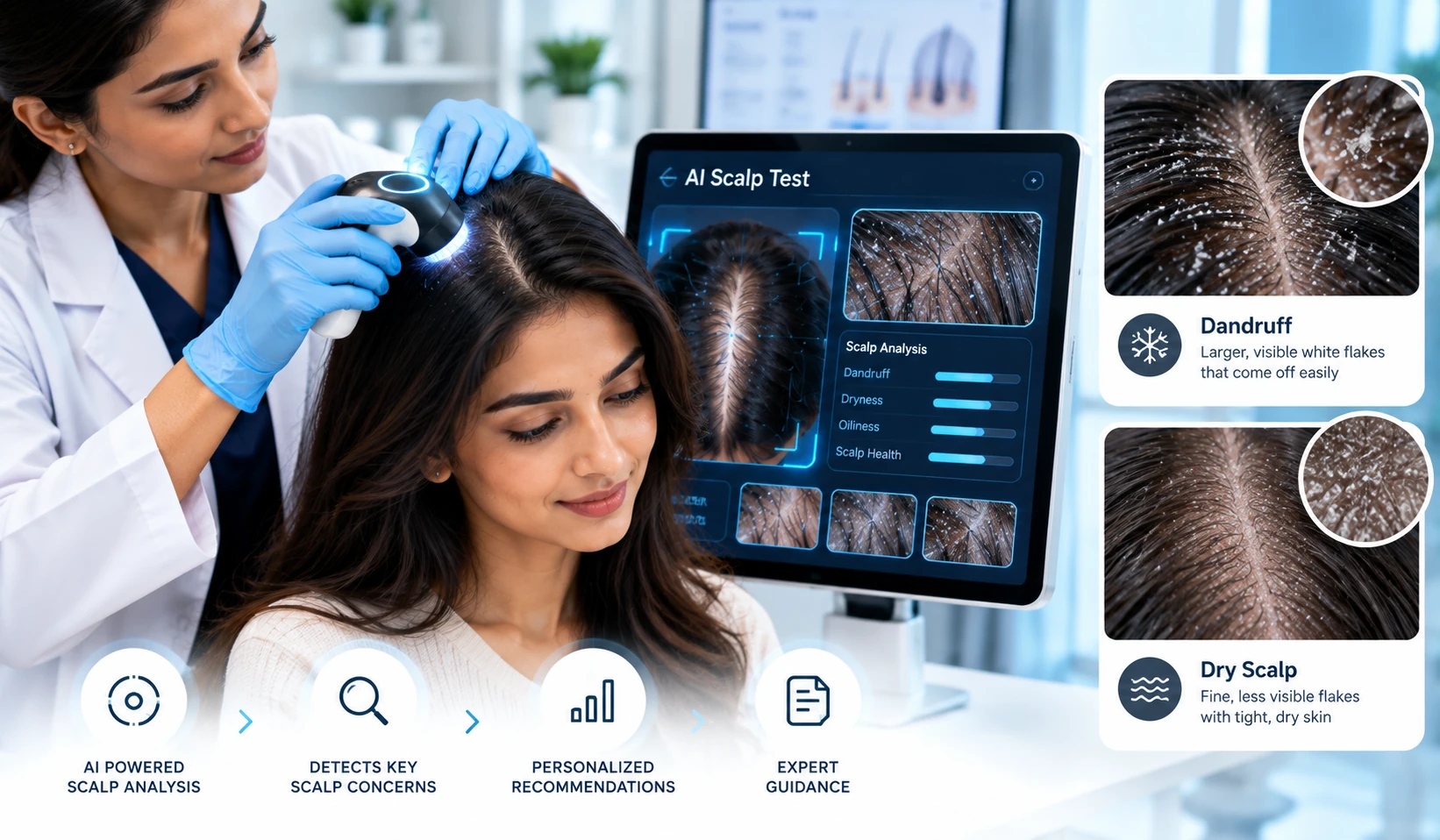 AI Scalp Test visual showing scalp analysis and comparison of dandruff and dry scalp.