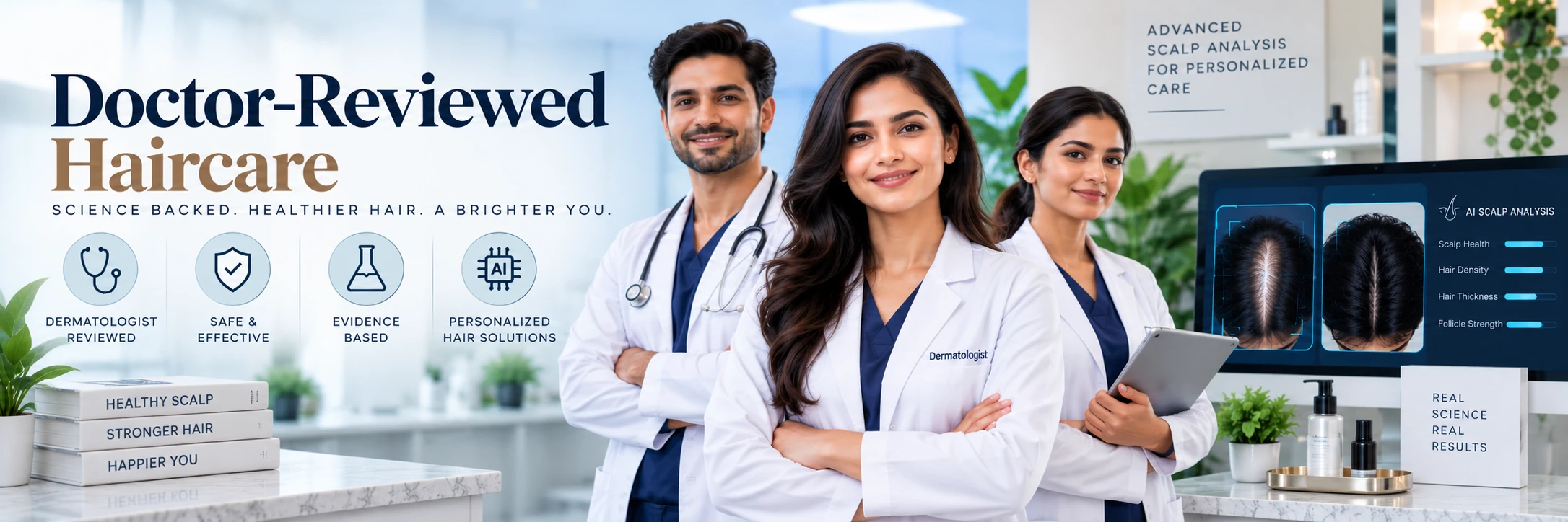 Dermatologist-reviewed haircare team with AI-assisted scalp screening and personalized haircare assessment.