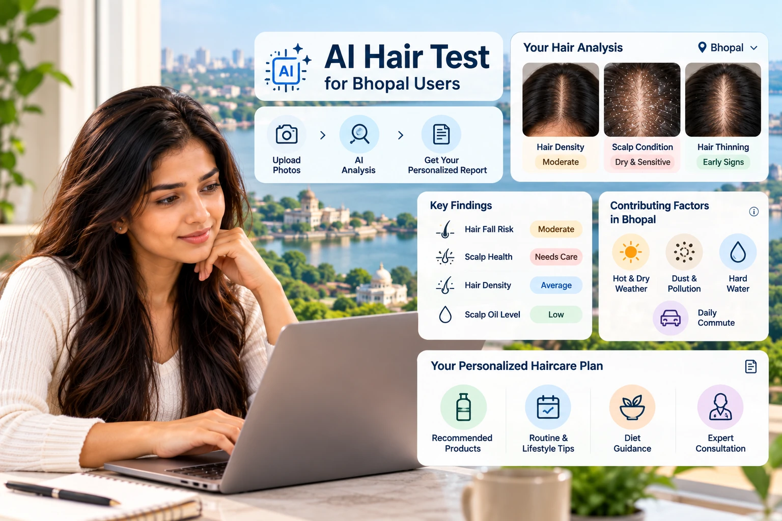 AI Hair Test dashboard preview for Bhopal users showing hair density, scalp condition, thinning and personalized haircare insights.