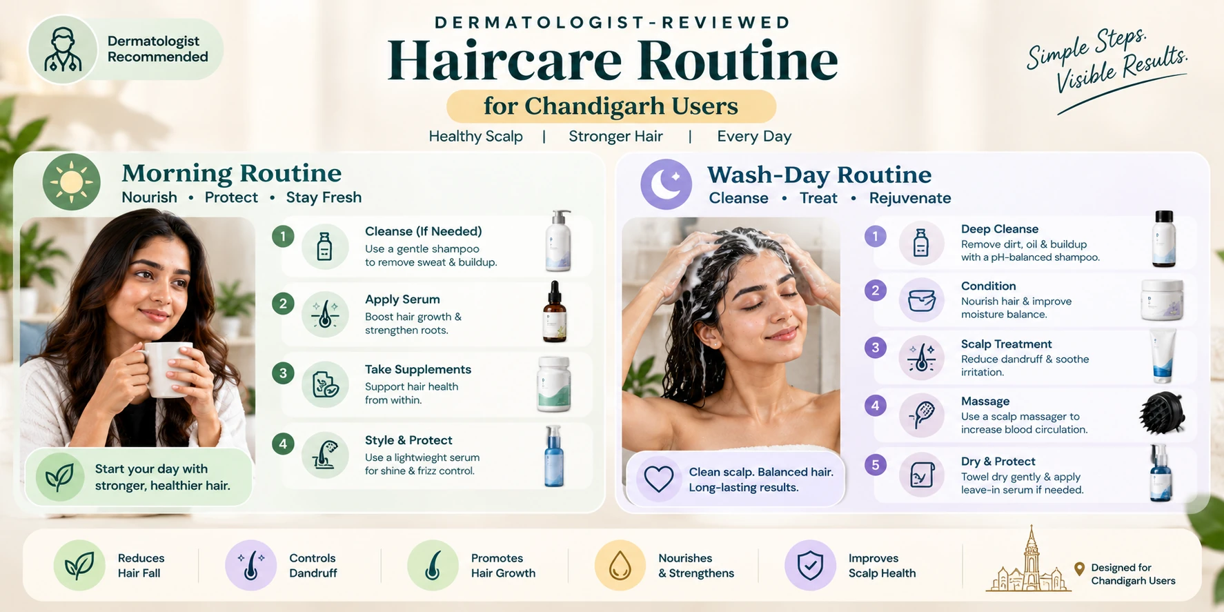 Dermatologist-reviewed morning and wash-day haircare routine for Chandigarh users.