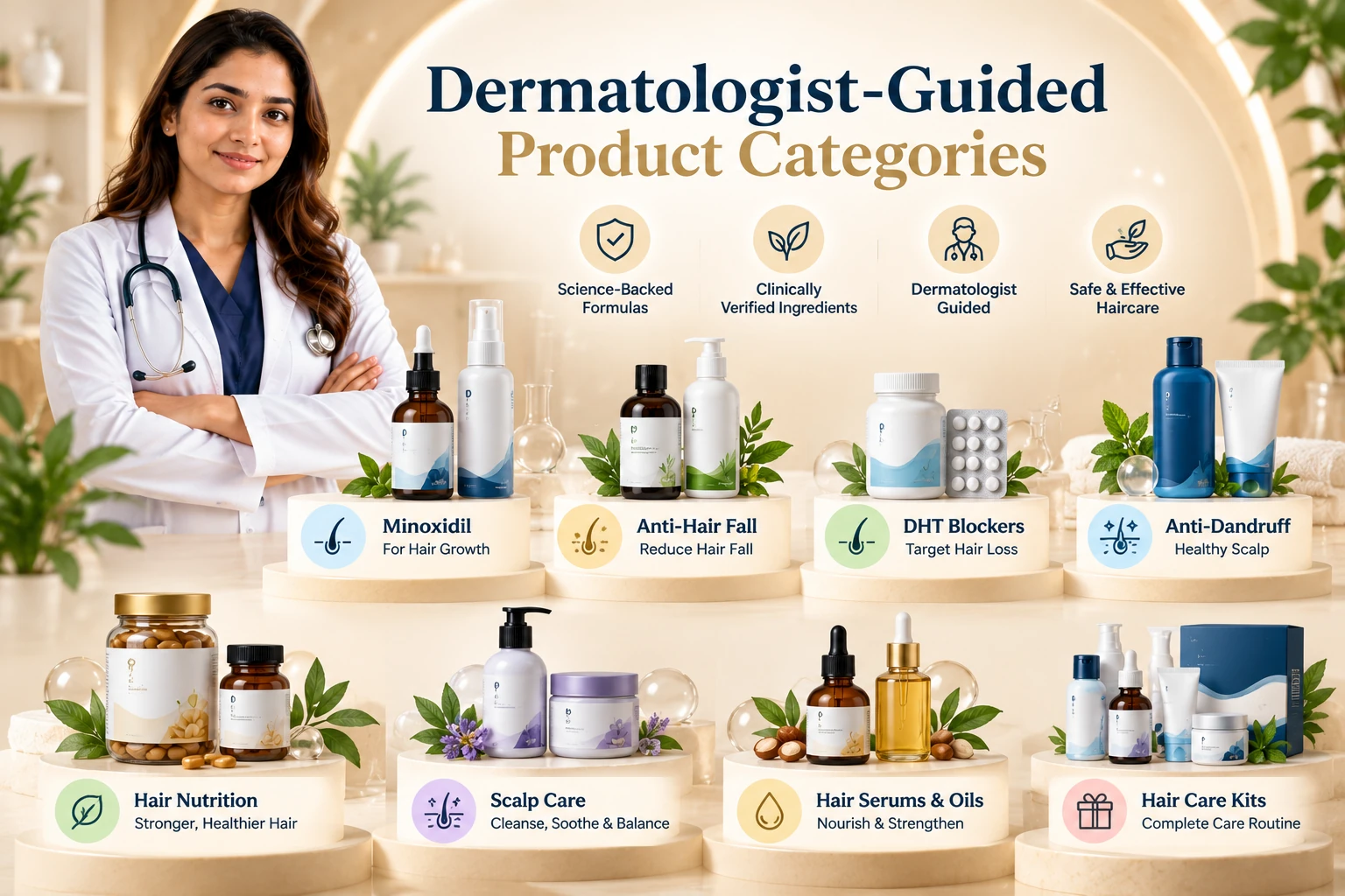 Dermatologist-guided haircare product categories including hair loss, anti-dandruff, scalp care, nutrition and hair serums.
