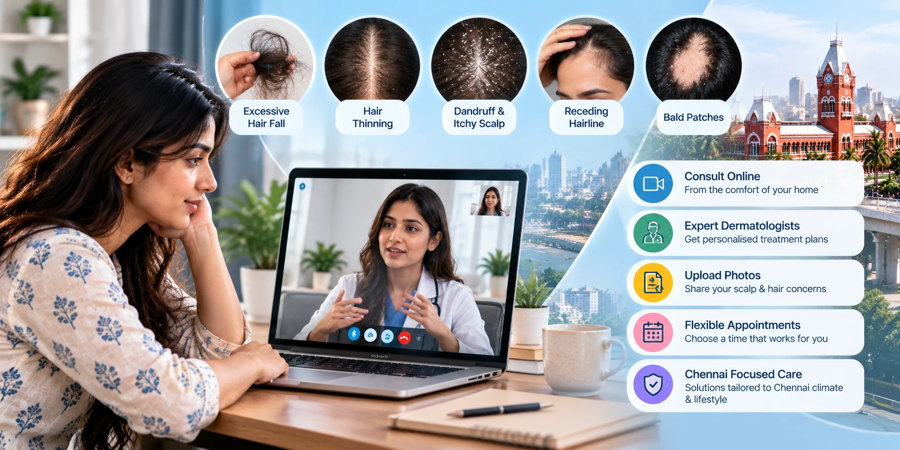 Online dermatologist consultation for Chennai hair loss and scalp concerns, including hair fall, thinning, dandruff and receding hairline.