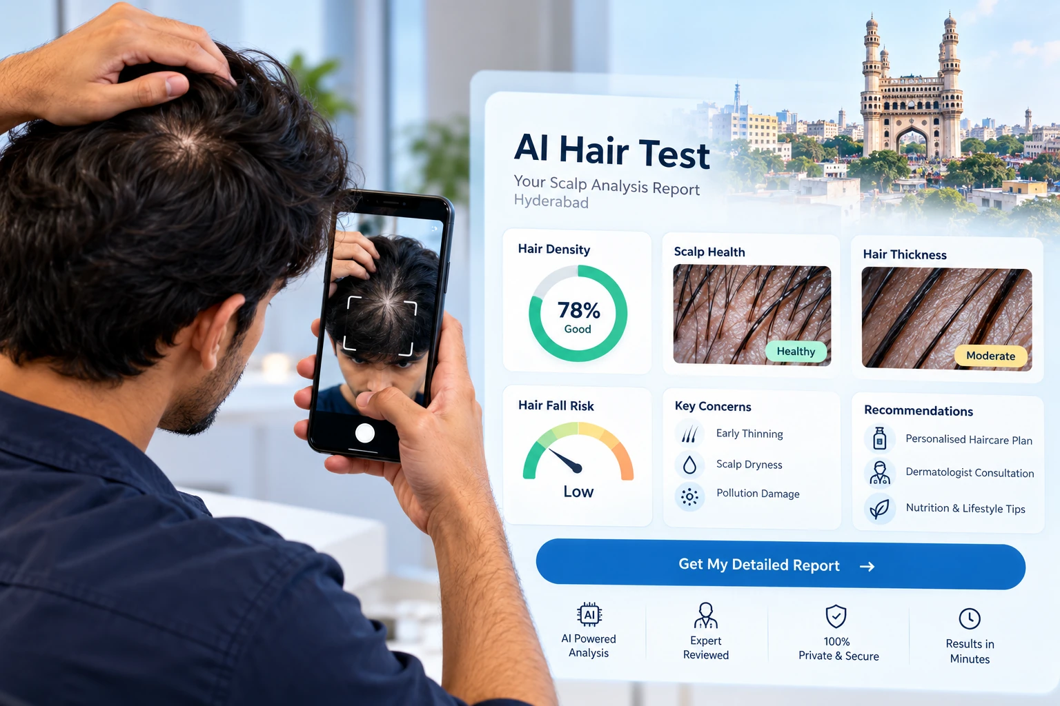 AI Hair Test dashboard preview for Hyderabad users showing scalp analysis, hair density, hair thickness and personalized haircare guidance.
