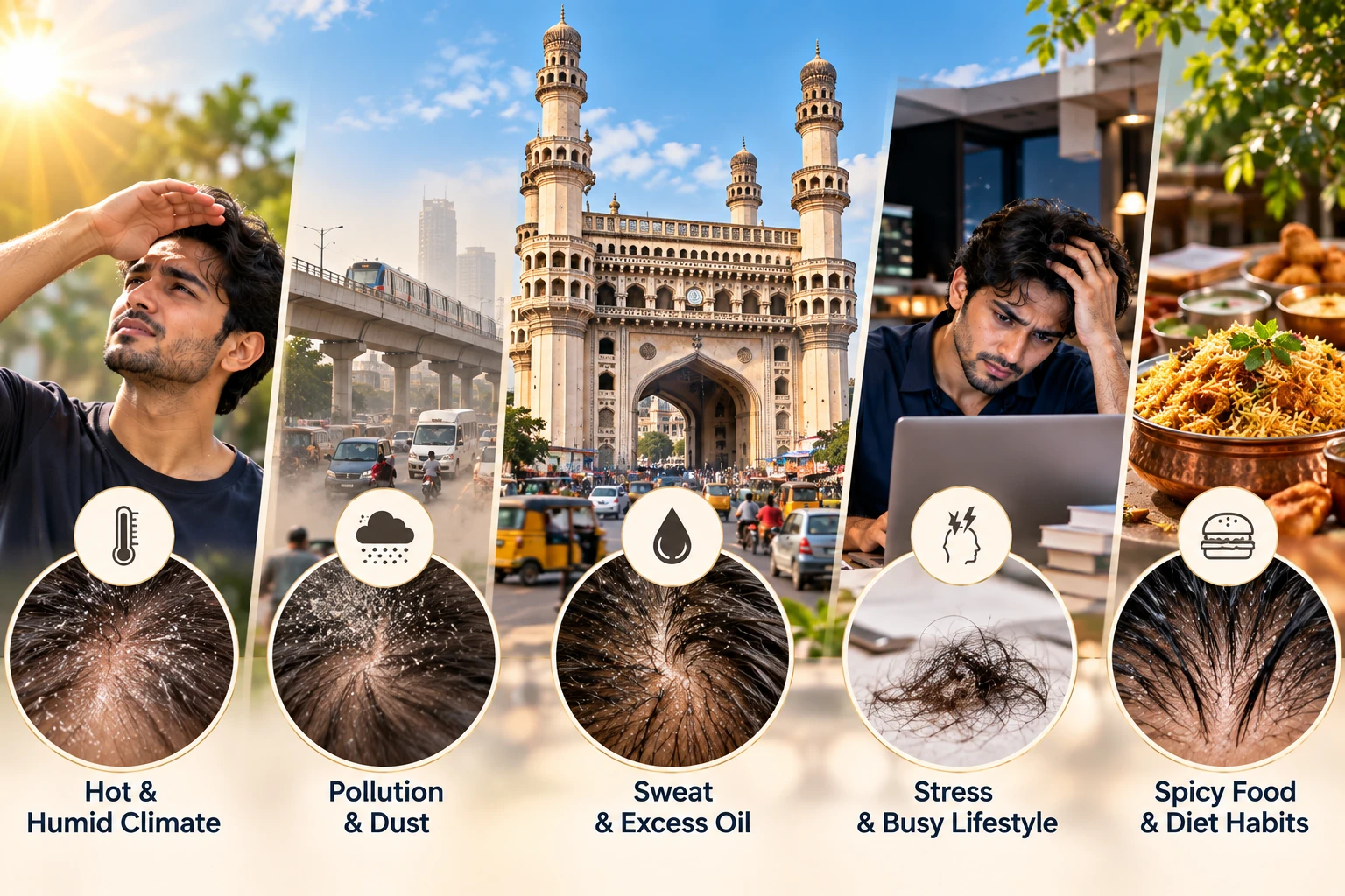 Hyderabad climate, commute, pollution, sweat, stress and lifestyle factors shown as potential scalp and hair care triggers.