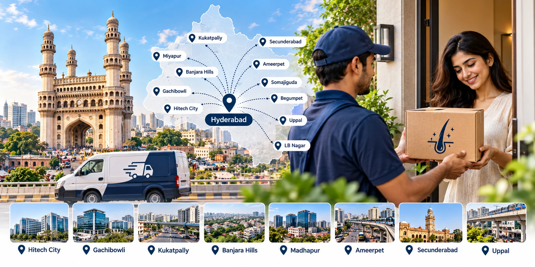 Haircare product delivery across Hyderabad areas by pin code with labeled neighborhoods, doorstep delivery and secure packaging.