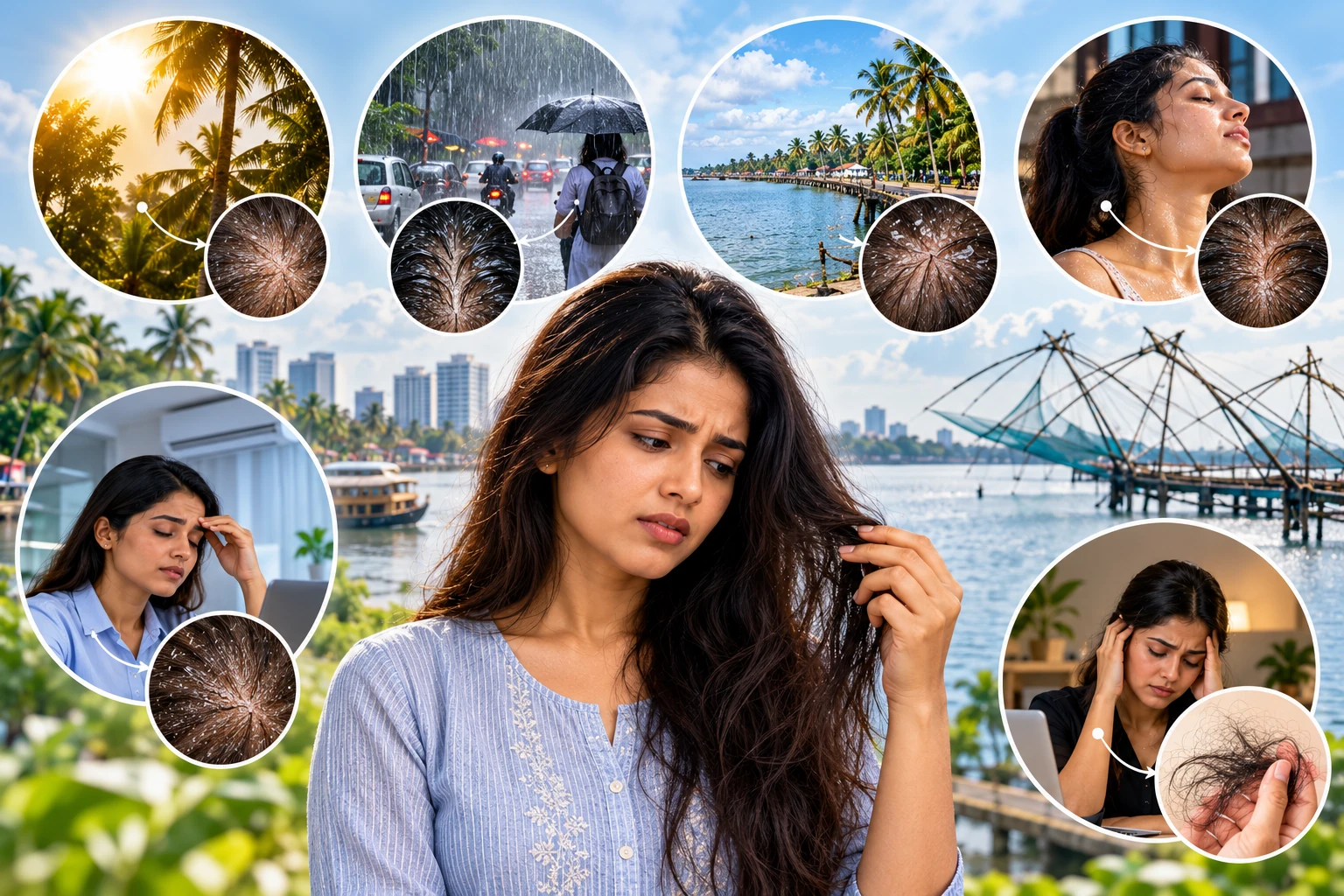 Kochi climate, humidity, monsoon, sweat, commute and lifestyle factors shown as potential scalp and hair care triggers.
