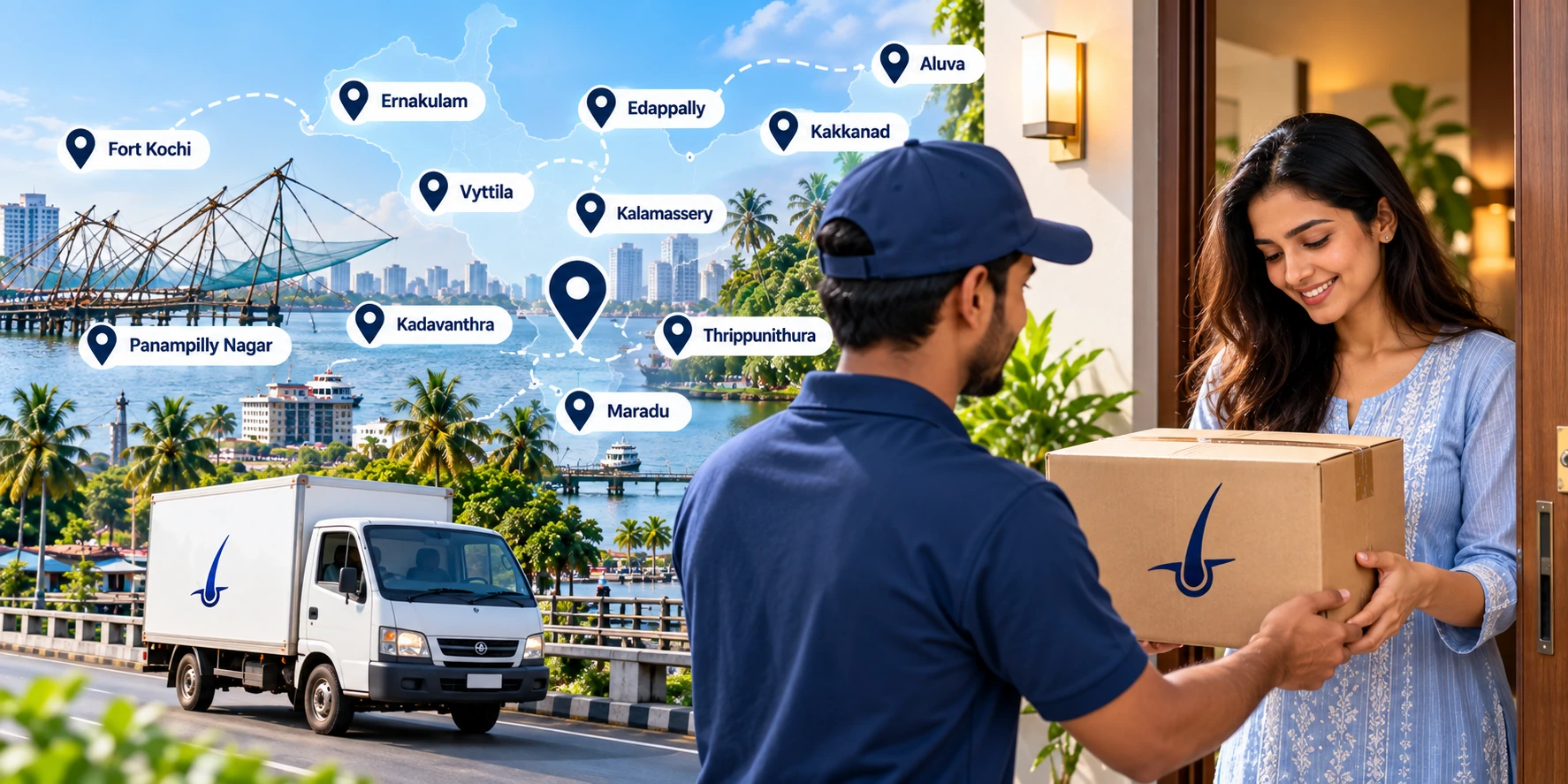 Haircare product delivery across Kochi areas by pin code with labeled neighborhoods and doorstep delivery.