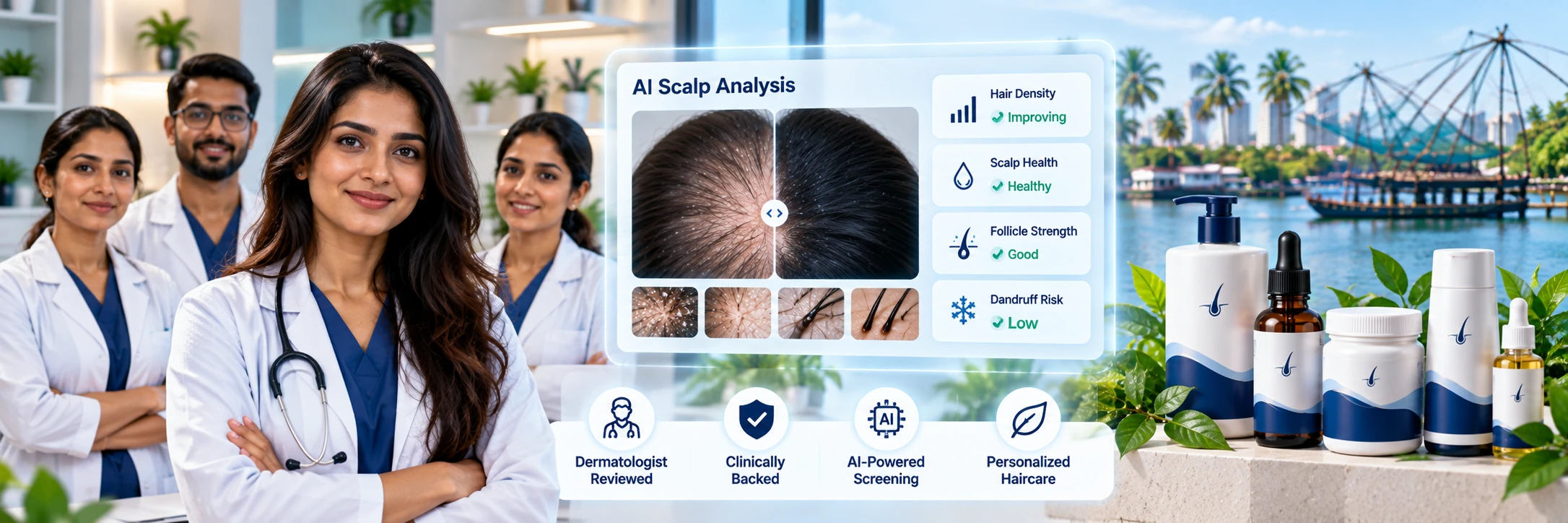 Dermatologist-reviewed haircare visual featuring AI scalp screening, scalp health analysis and personalized haircare guidance for Kochi users.