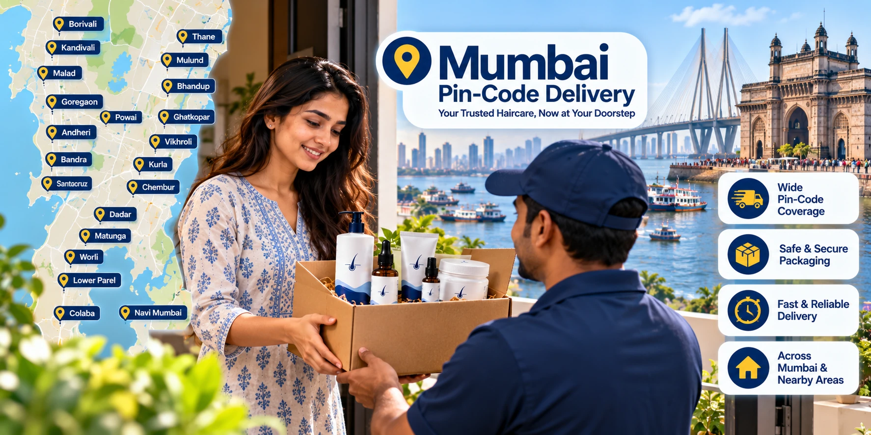 Haircare product delivery across Mumbai areas by pin code with labeled locations, doorstep delivery and secure packaging.