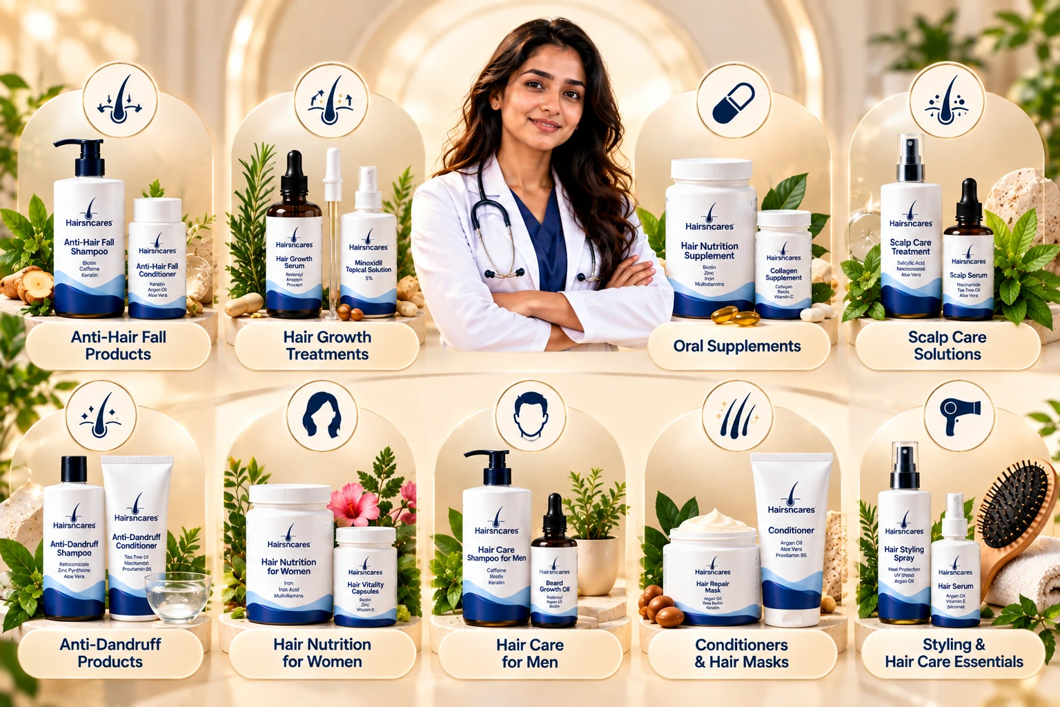 Dermatologist-guided haircare product categories featuring anti-hair fall, hair growth, scalp care, anti-dandruff, nutrition and styling products.