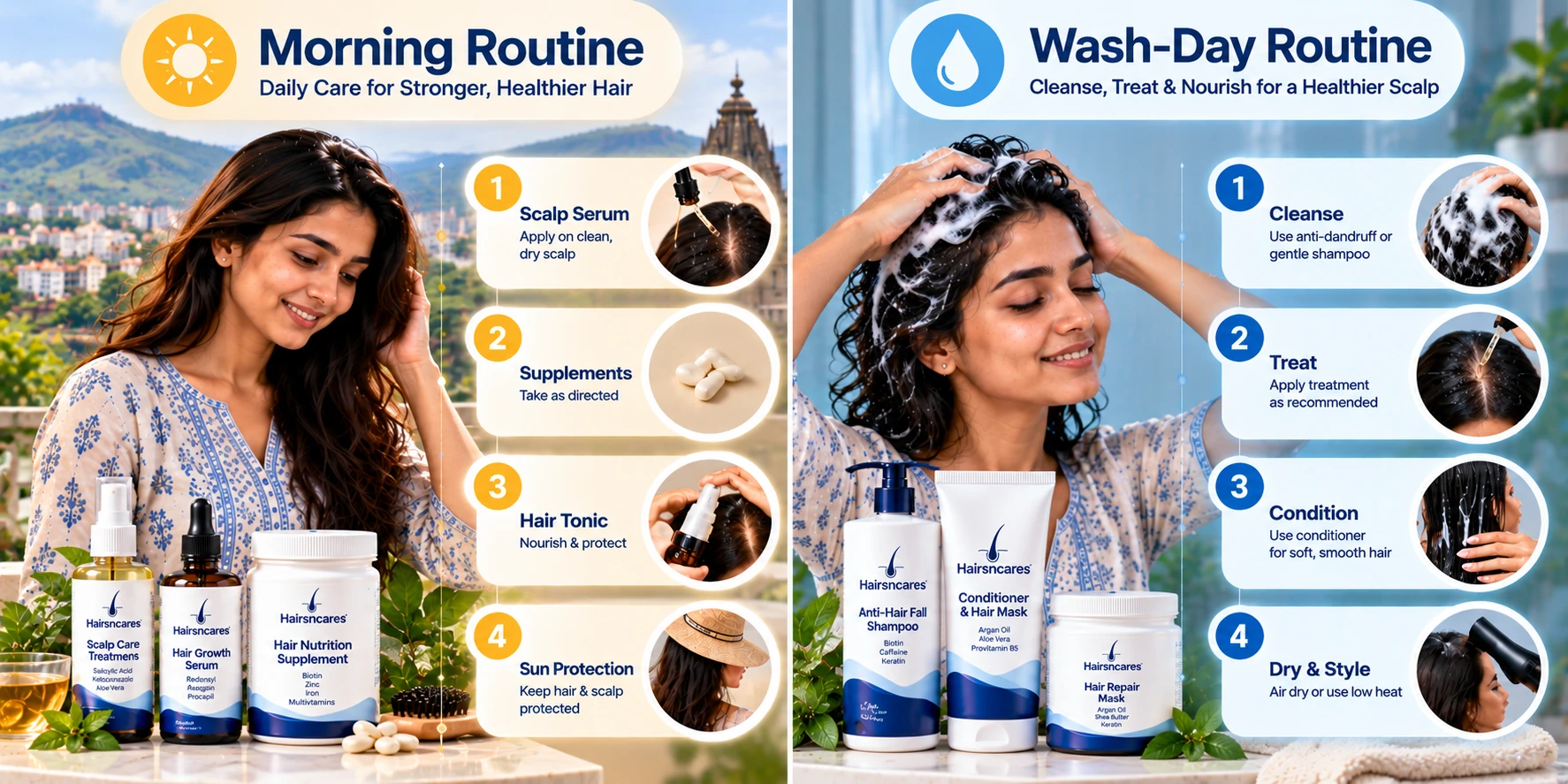 Structured dermatologist-reviewed morning and wash-day haircare routine for Nashik users.