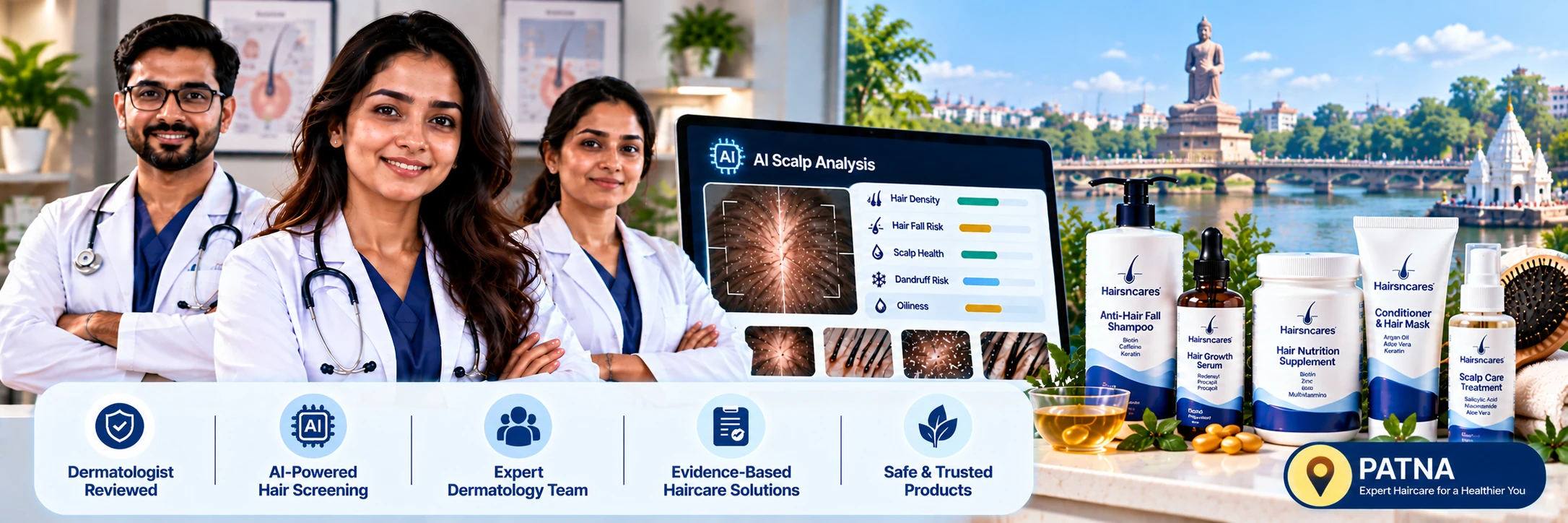 Dermatologist-reviewed haircare visual featuring an expert team, AI scalp screening and haircare products for Patna users.