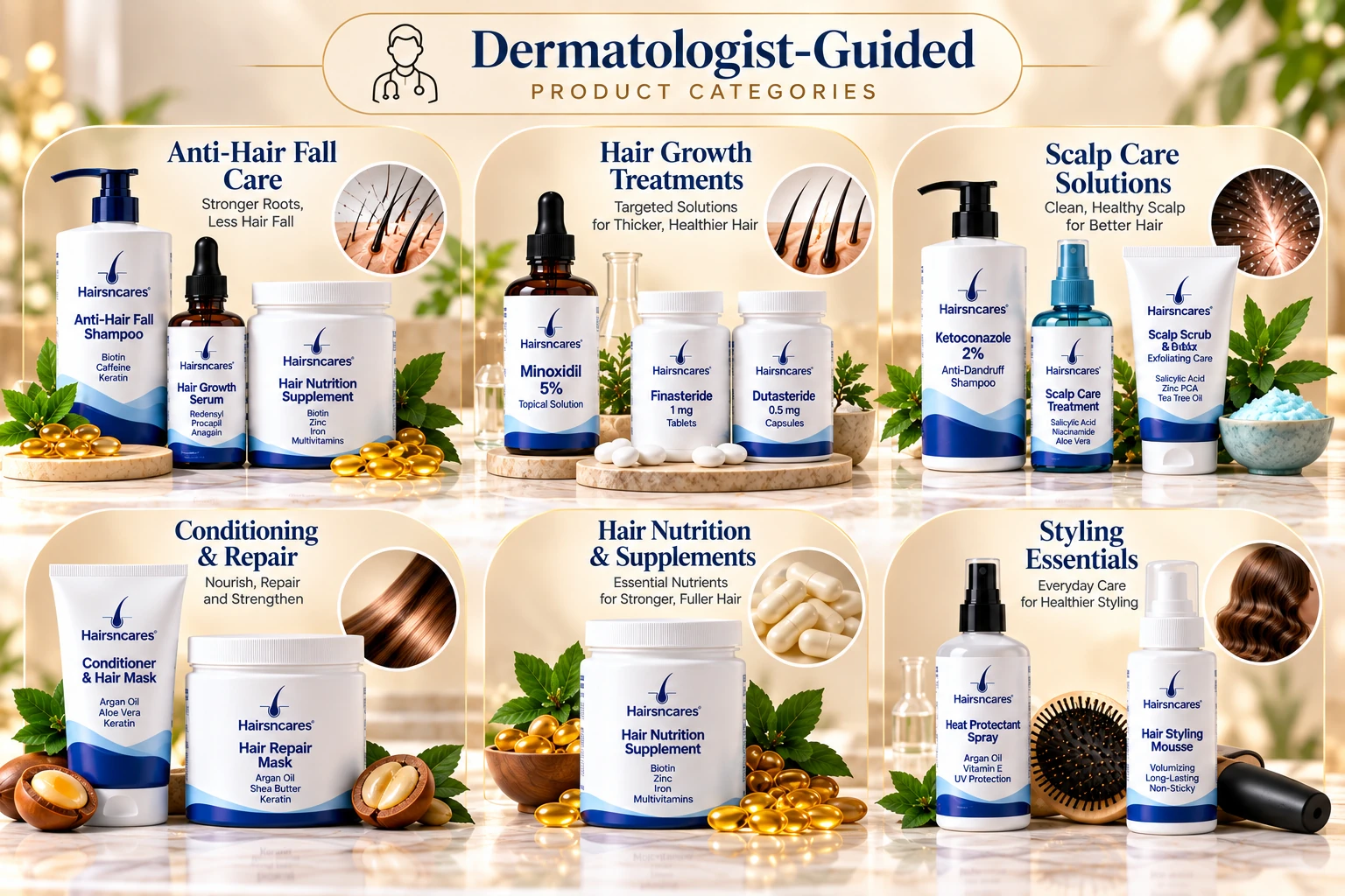 Dermatologist-guided haircare product categories for Pune featuring anti-hair fall care, hair growth treatments, scalp care, conditioning, nutrition and styling essentials.