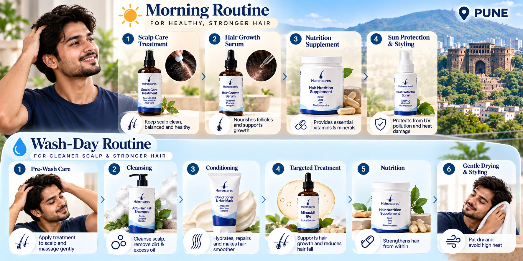Structured dermatologist-reviewed morning and wash-day haircare routine for men in Pune.