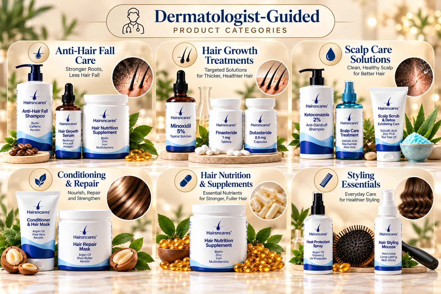Dermatologist-guided haircare product categories for Surat featuring anti-hair fall care, hair growth treatments, scalp care, conditioning, nutrition and styling essentials.