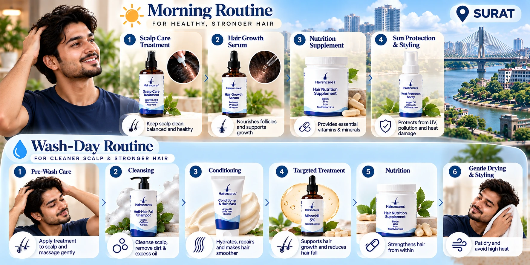 Structured dermatologist-reviewed morning and wash-day haircare routine for men in Surat.