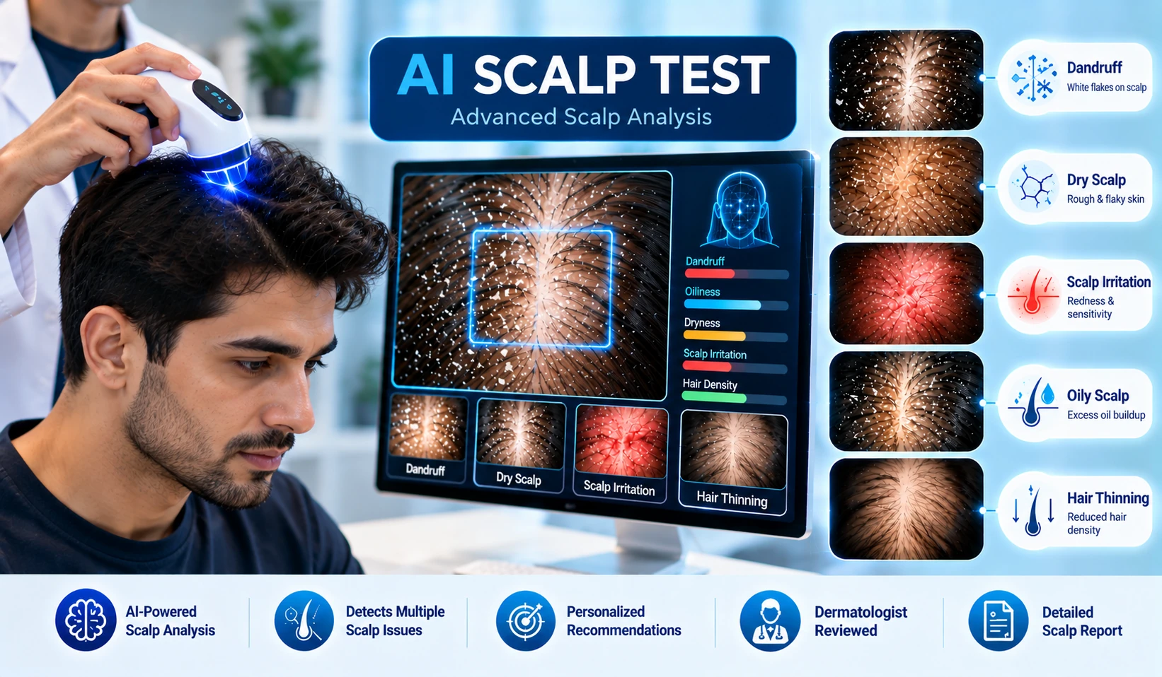 AI Scalp Test for men showing scalp analysis for dandruff, dry scalp and hair thinning