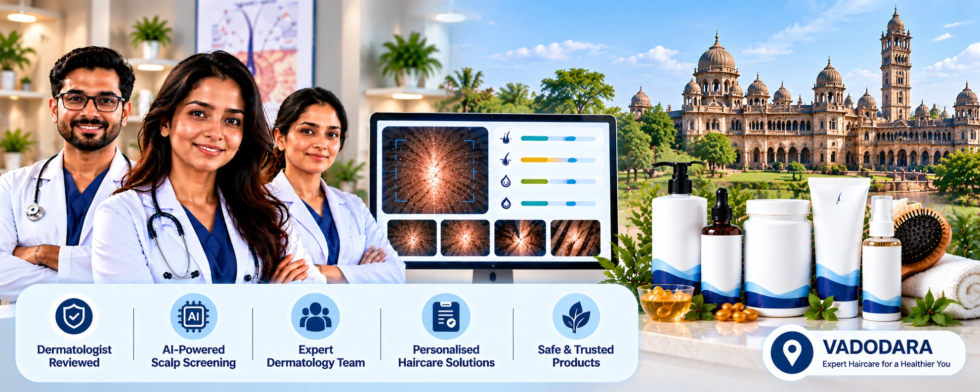 Dermatologist-reviewed haircare visual featuring an expert team, AI scalp screening and haircare products for Vadodara users.
