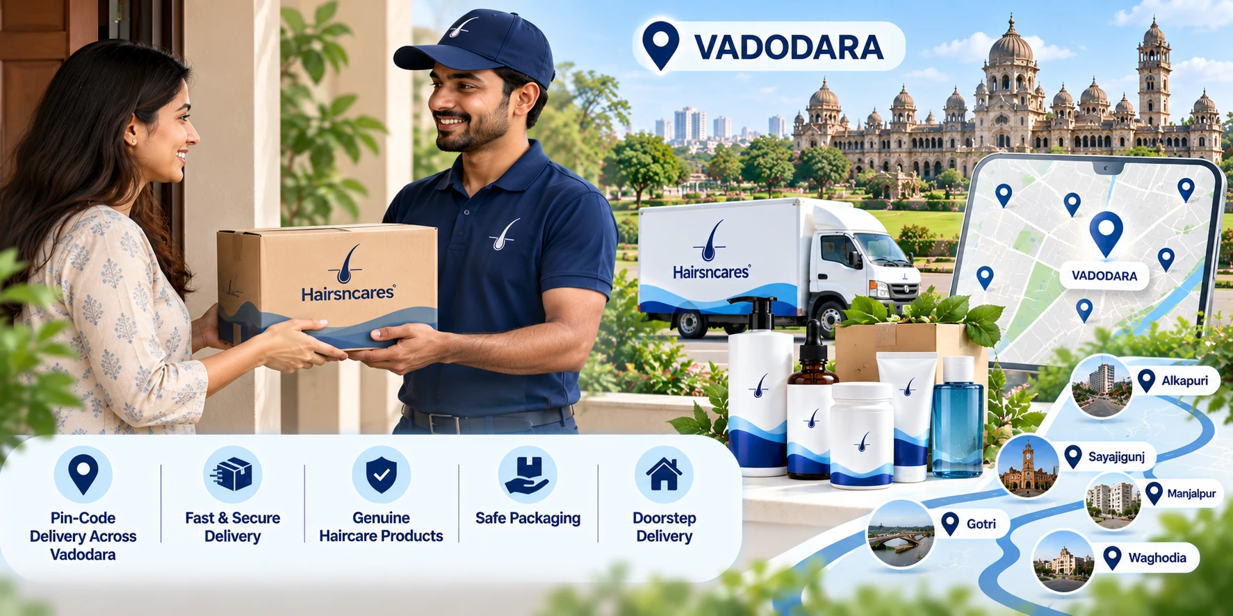 Haircare product delivery across Vadodara areas by pin code featuring doorstep delivery, secure packaging and genuine haircare products.