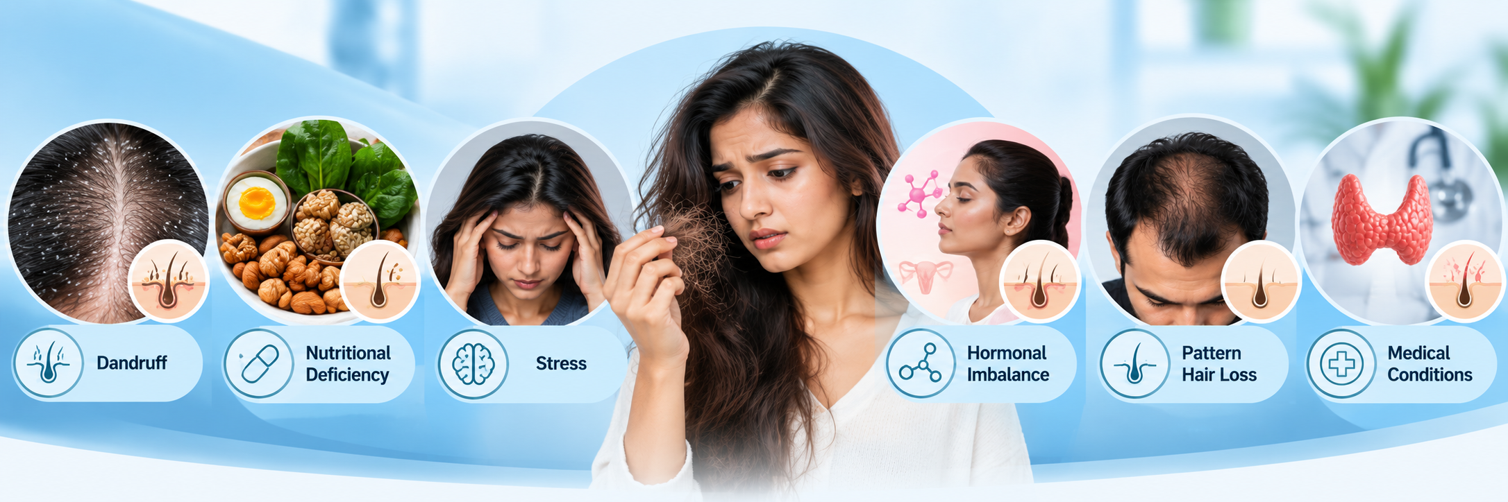 Common causes of hair fall in India including dandruff, nutritional deficiency, stress, hormonal imbalance and pattern hair loss