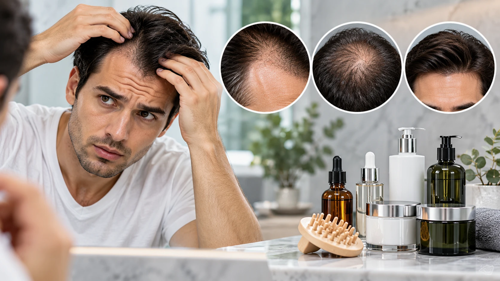 Man checking thinning hairline and crown with close-up views of reduced hair density and hair care products.