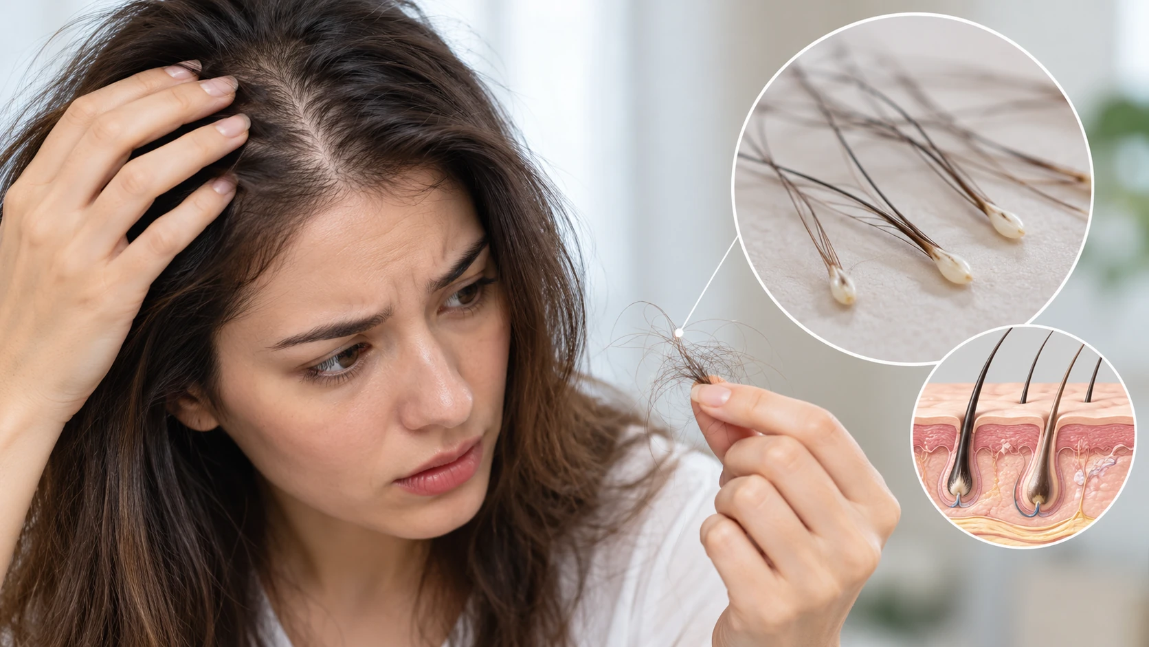 Woman examining hair loss from the root with visible hair shedding