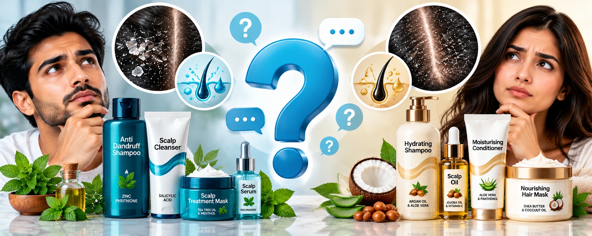 Hair and scalp care FAQ banner showing dandruff and dry scalp concerns with labeled shampoo, cleanser, serum, scalp oil, conditioner, and hair mask products.