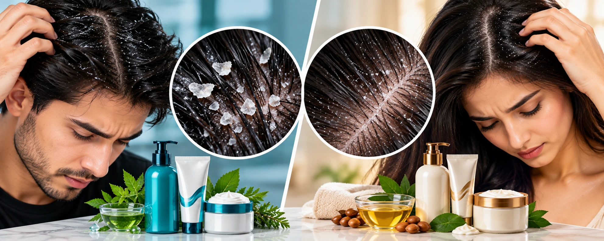 Side-by-side comparison of dandruff and dry scalp with close-up scalp flakes and hair care products.