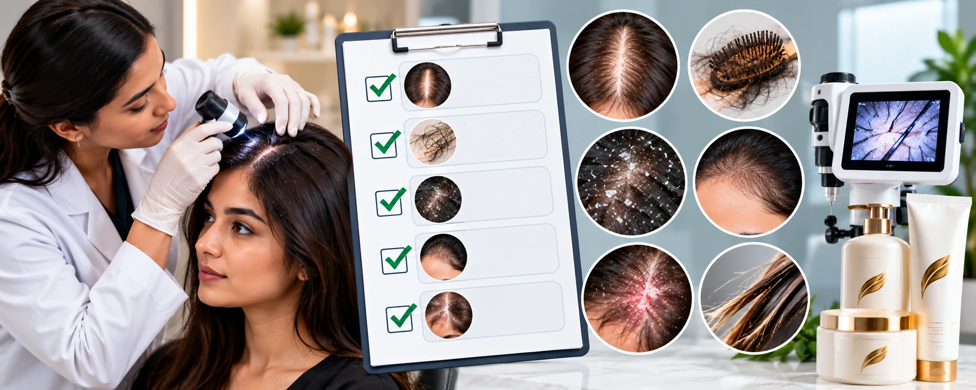 Dermatologist examining scalp with checklist for hair loss, dandruff, irritation and thinning