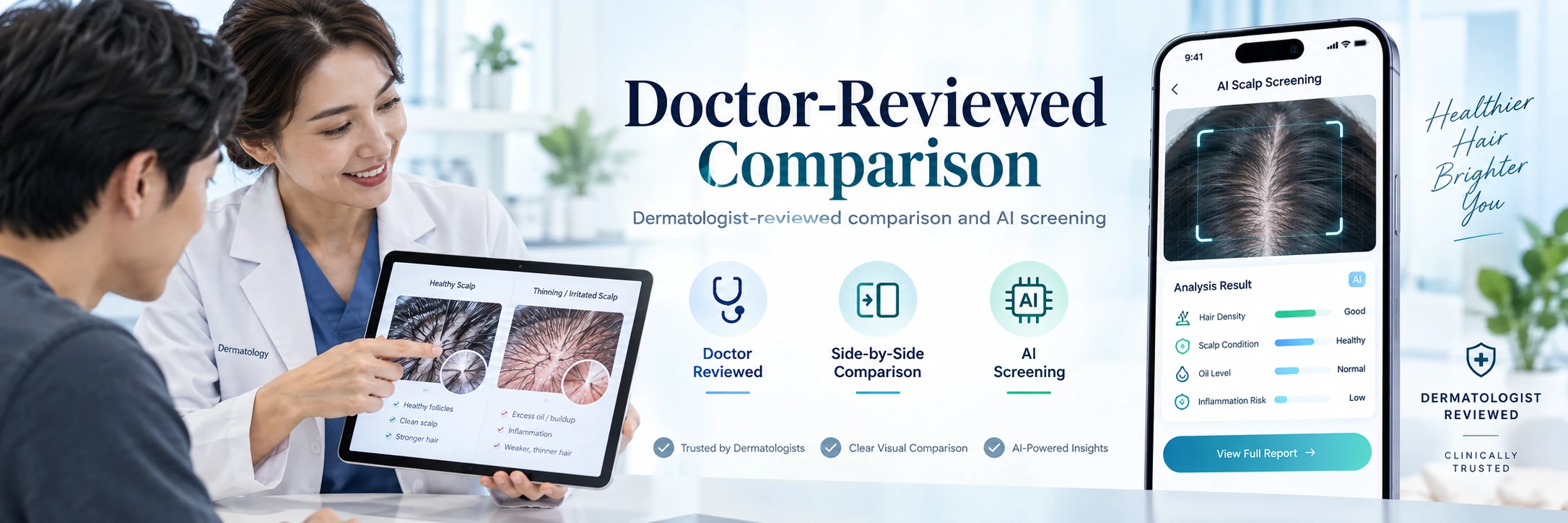 Dermatologist-reviewed scalp comparison with AI screening and side-by-side hair and scalp assessment