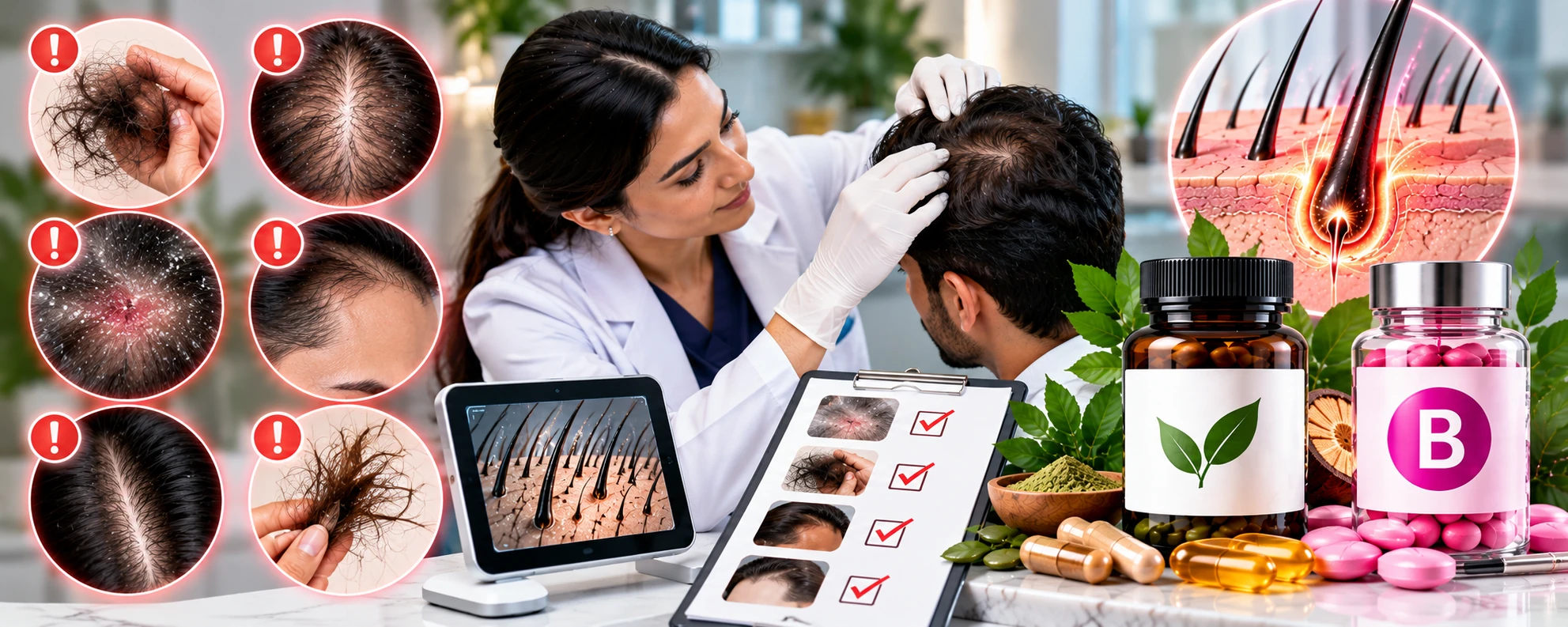 Doctor diagnosis checklist for hair fall, thinning, scalp symptoms and supplement suitability
