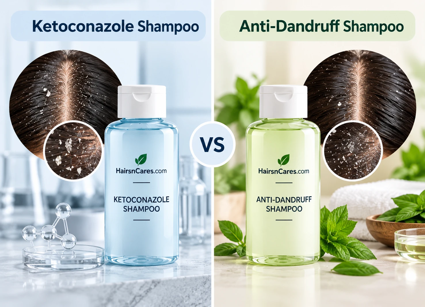 Ketoconazole shampoo vs anti-dandruff shampoo comparison showing flaky scalp and cleaner scalp visuals
