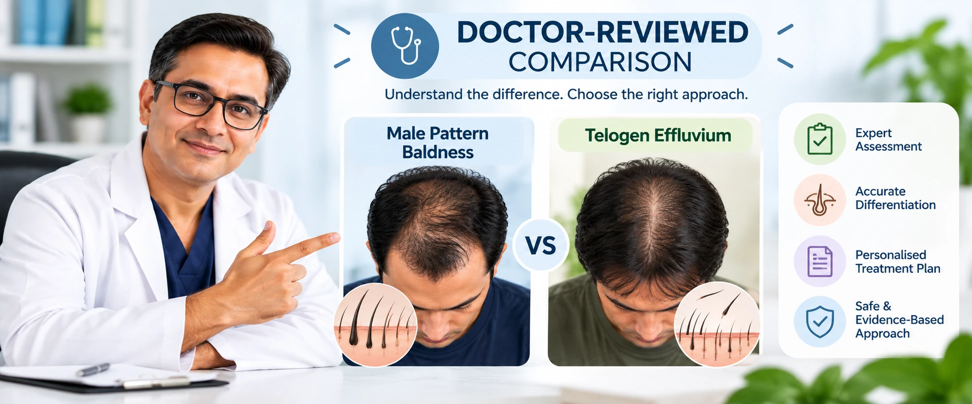 Doctor-reviewed comparison of male pattern baldness and telogen effluvium showing patterned thinning versus diffuse hair shedding.