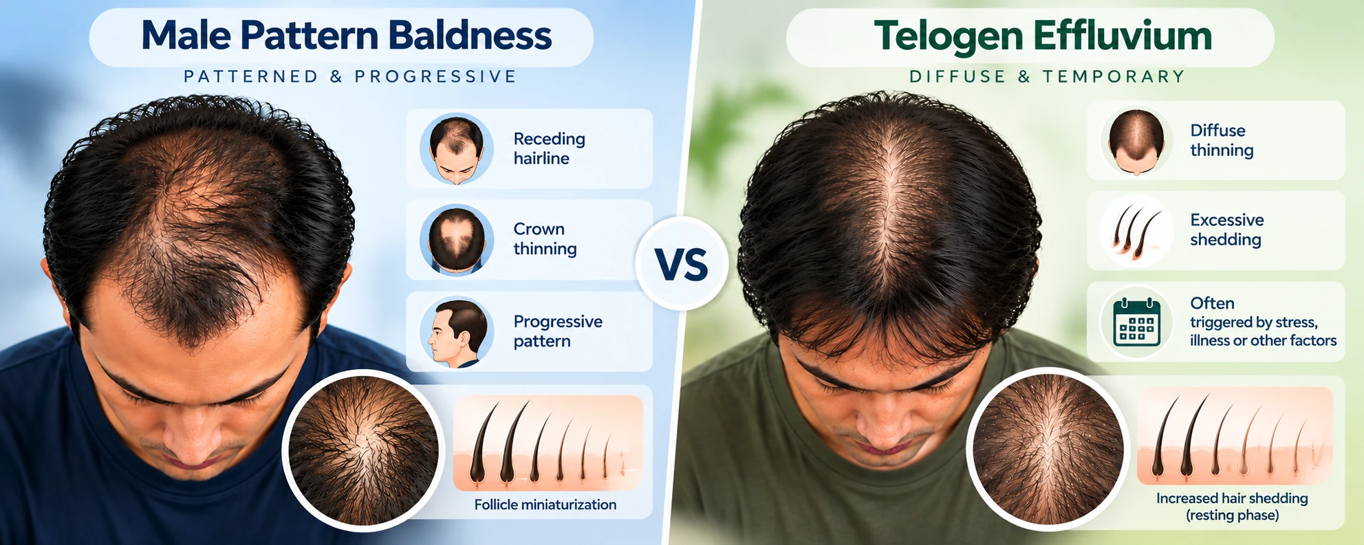 Male pattern baldness vs telogen effluvium overview showing patterned crown thinning and diffuse hair shedding with follicle illustrations.